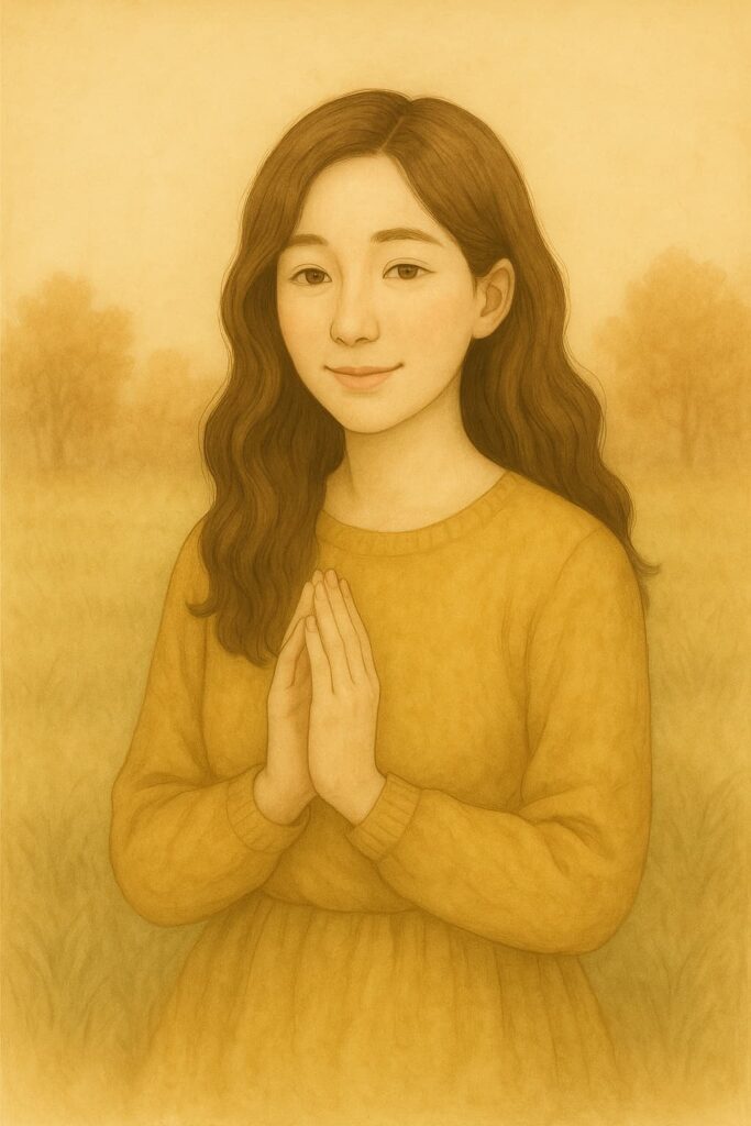 A young East Asian woman with soft brown hair stands confidently in a quiet sunlit hallway, wearing a cream blouse and flowy trousers, hands gently in her pockets, radiating calm self-assurance.