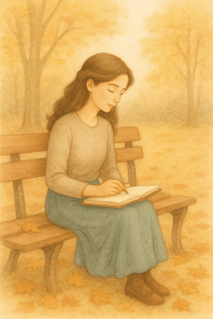 Watercolor painting of a young woman alone on a bench, writing in her journal as autumn leaves fall around her