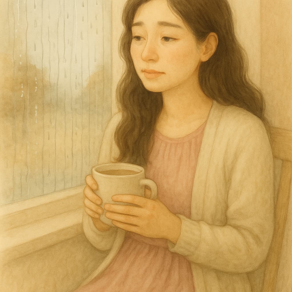 A young woman in a soft pink dress and cream cardigan holds a mug while looking out a rain-streaked window, expressing quiet emotional fatigue.