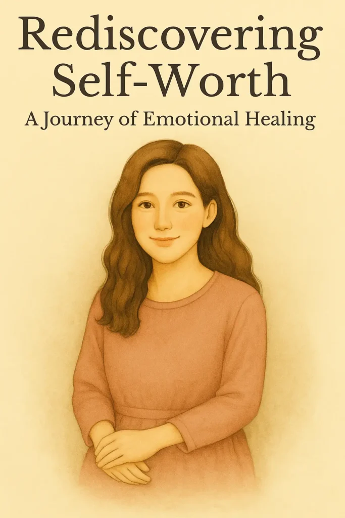Watercolor-style illustration of Sophie with eyes closed and hands on heart, symbolizing emotional healing and rediscovering self-worth