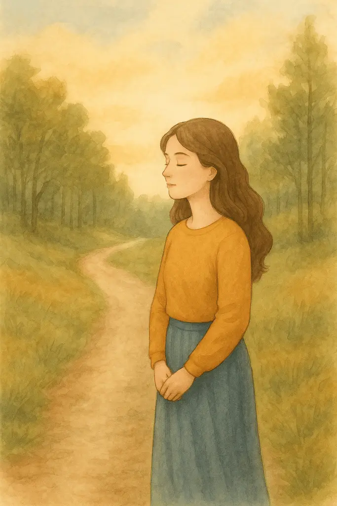 Watercolor painting of a young woman standing on a quiet path in nature, surrounded by trees and soft light