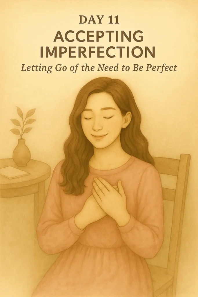 A peaceful young woman in a pink dress sits with eyes closed and hands over heart, symbolizing acceptance and inner calm.