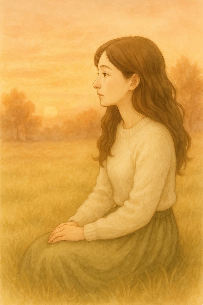 A young woman sits quietly in a golden field at sunset, dressed in a cozy cream sweater and olive skirt, symbolizing the peaceful but lonely journey of healing.