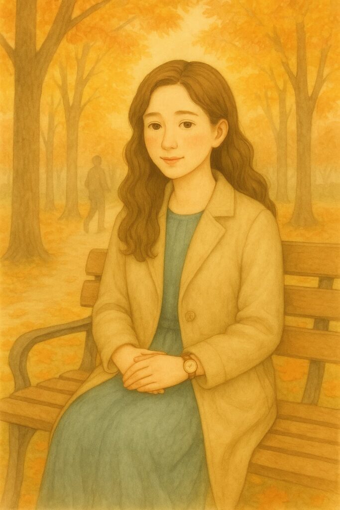 A young woman with long chestnut hair sits quietly on a park bench in autumn, wearing a beige coat and teal dress. Golden leaves surround her as she reflects calmly, while other people walk ahead in the distance.