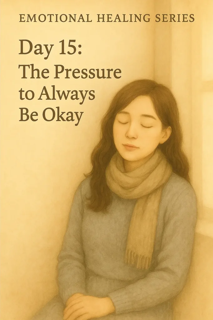 A young woman in a gray sweater and beige scarf leans against a sunlit wall with her eyes closed, capturing a moment of quiet emotional rest.