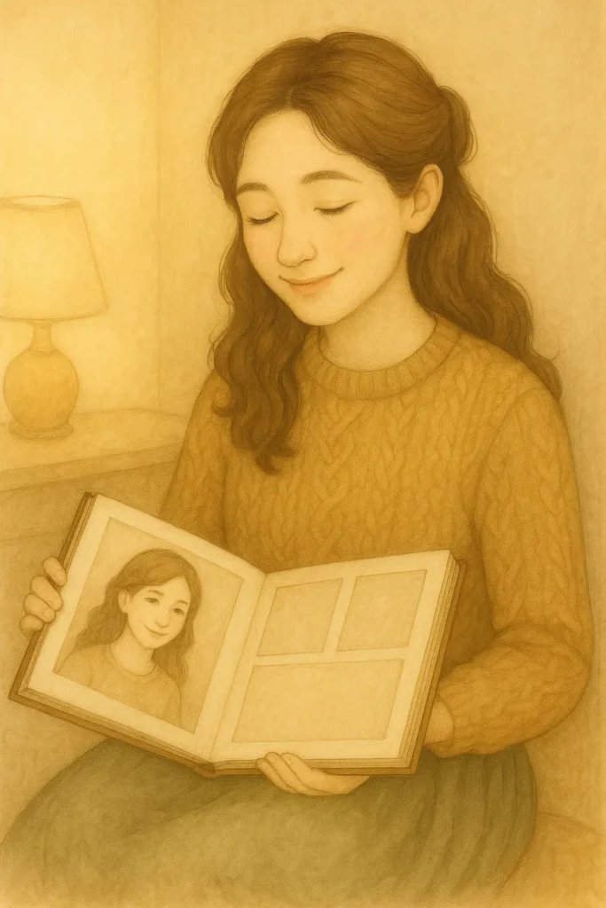 A young woman with warm brown hair, tied in a low bun, sits quietly indoors holding an old photo album on her lap. Soft sunlight filters through a nearby window, casting a nostalgic glow as she gently smiles at the memories.