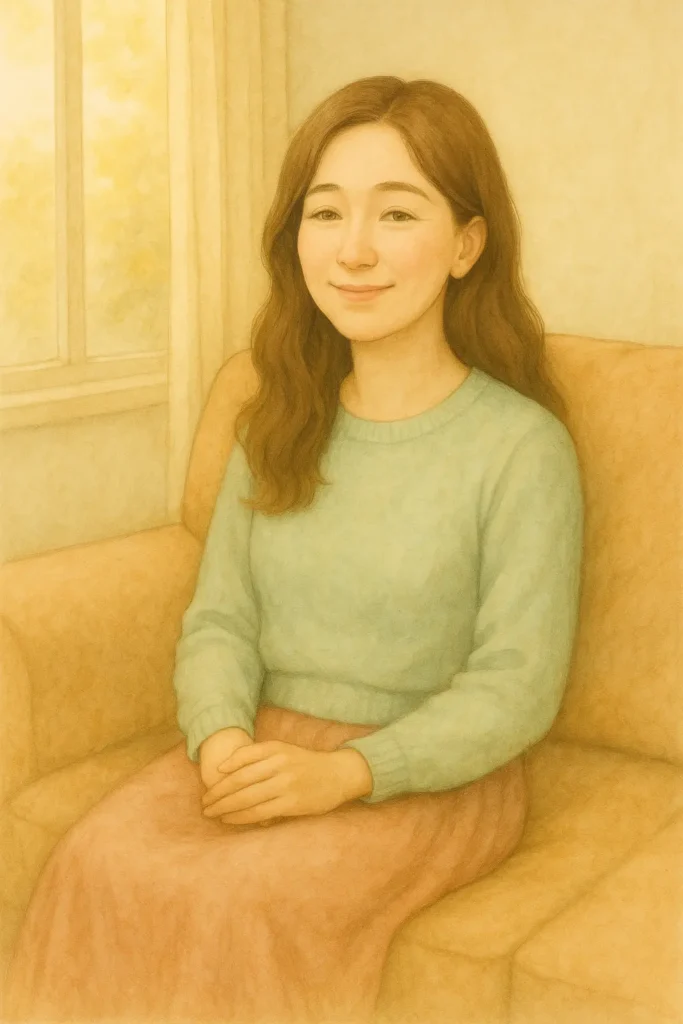 A young woman with long brown hair, seated on a warm-toned sofa, gazes softly ahead in a quiet living room. She wears a mint-green sweater and salmon skirt, bathed in sunlight from a nearby window.