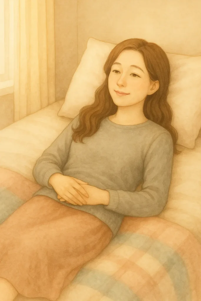 A young woman lies quietly on a bed in soft gray loungewear, gazing upward in a softly lit bedroom, with warm light streaming through the window and beige curtains gently framing the calm space.
