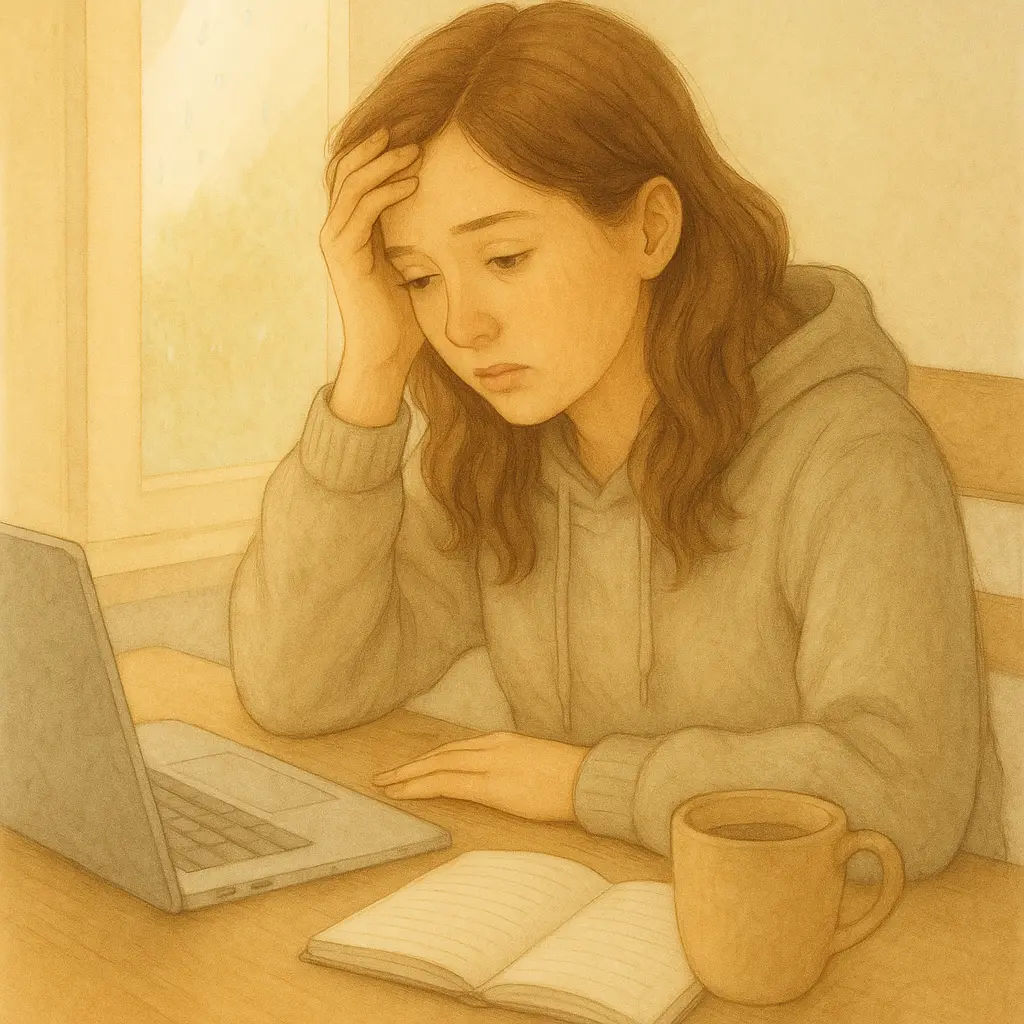 A young woman with warm brown hair, tied in a low bun, sits quietly indoors holding an old photo album on her lap. Soft sunlight filters through a nearby window, casting a nostalgic glow as she gently smiles at the memories.