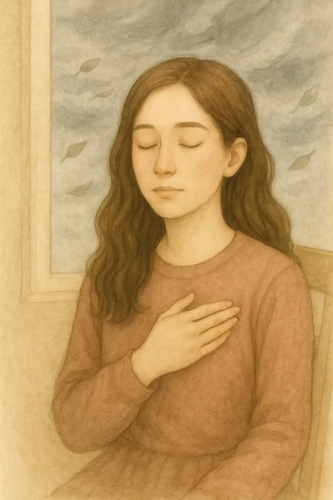 finding calm in chaos, watercolor-style emotional illustration of Sophie