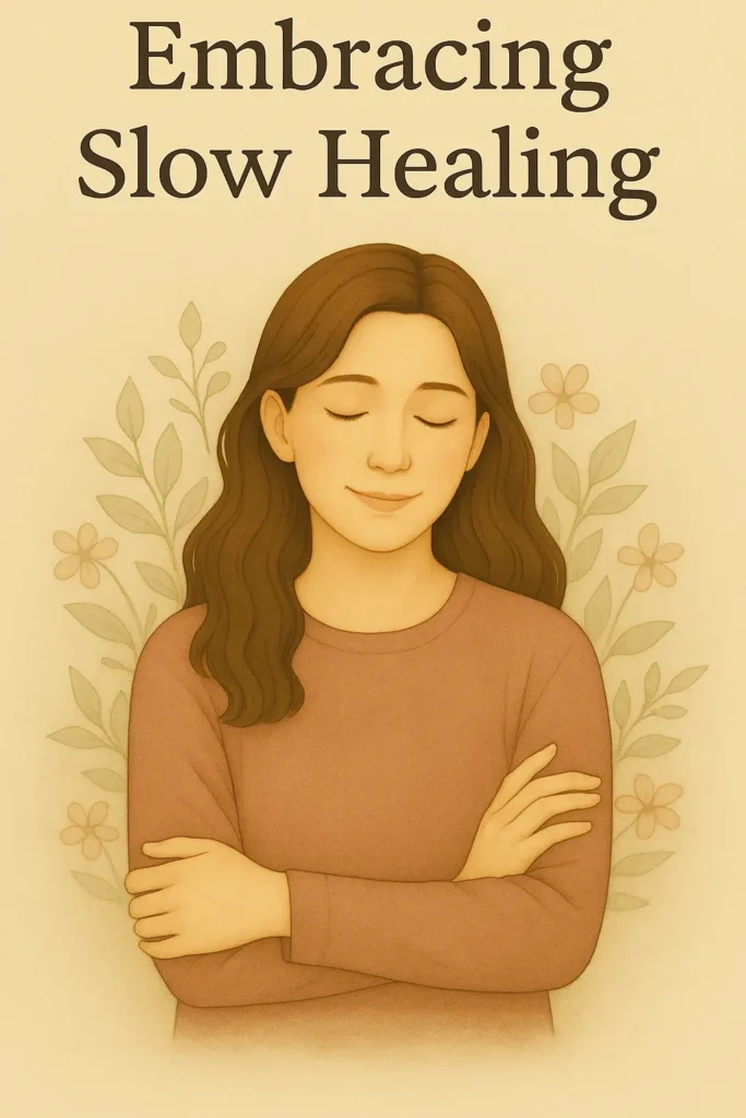Illustration of Sophie seated with eyes gently downcast, symbolizing slow emotional healing and self-compassion