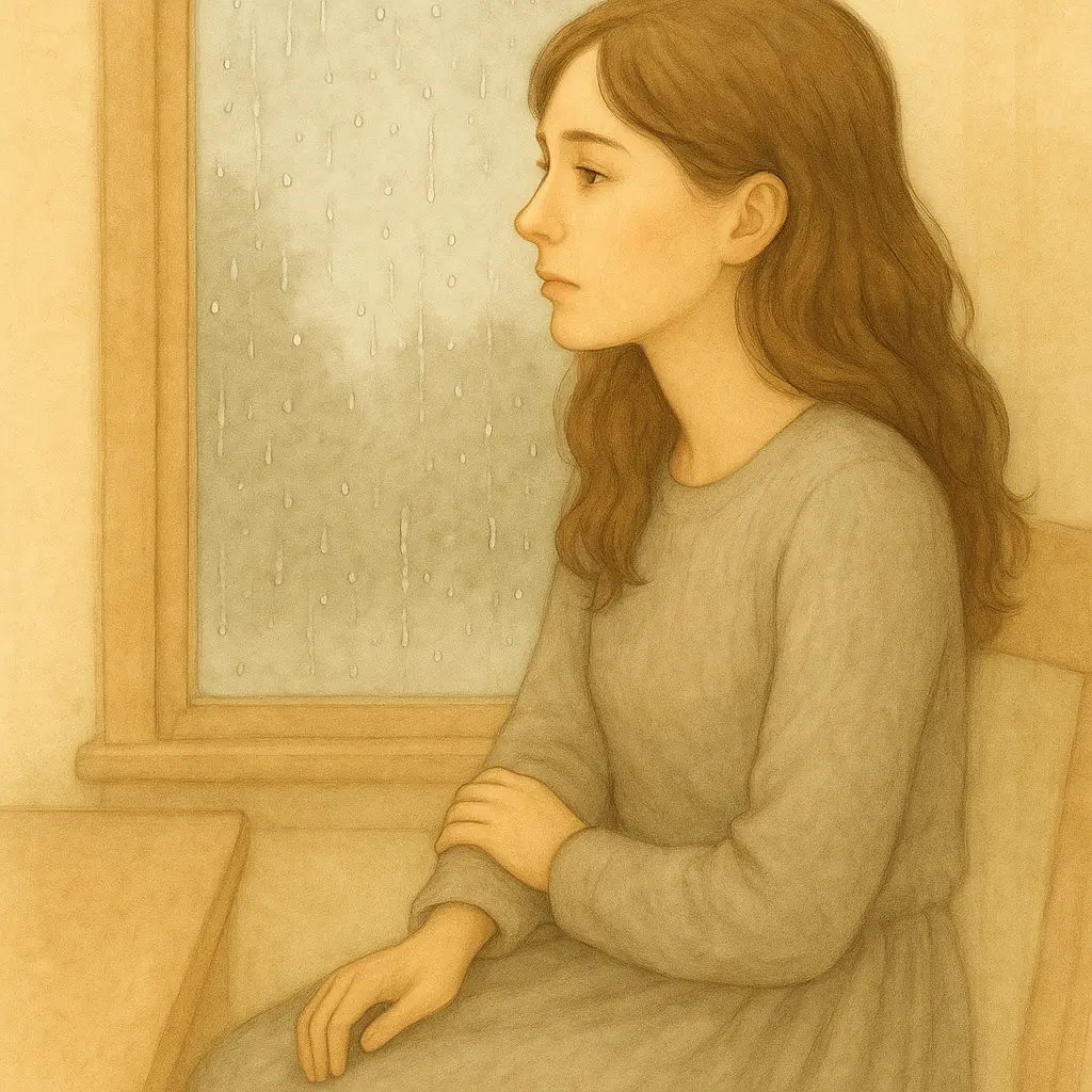 A young woman with long brown hair sits quietly in profile beside a rainy window, wearing a soft beige-gray dress and a contemplative expression as she gazes outside.