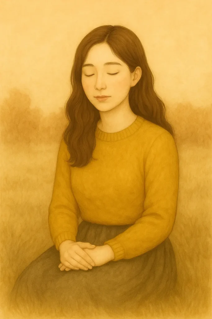 A young East Asian woman with long chestnut hair sits with her hands gently folded on her lap, wearing a mustard sweater and dark skirt. Her eyes are closed as if in quiet reflection, surrounded by soft, earthy tones.