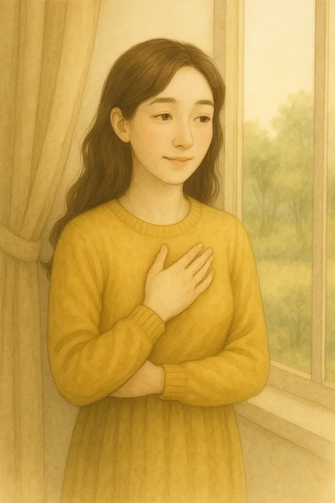 A young East Asian woman with long hair stands by a softly lit window wearing a loose cardigan and holding her arms around herself. Morning light filters through sheer curtains, casting a gentle glow as she reflects quietly.