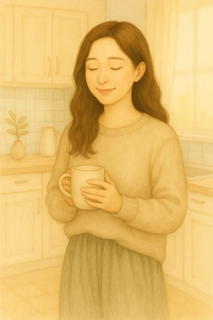 A young East Asian woman with soft features stands in a warmly lit kitchen, wearing a cozy sweater and holding a ceramic mug with both hands, eyes gently closed in peace.