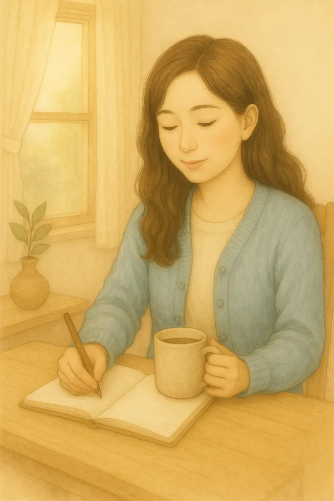 A young East Asian woman with soft brown hair writes in a journal with a pencil while holding a coffee mug, sitting in warm morning light beside a window with sheer curtains.