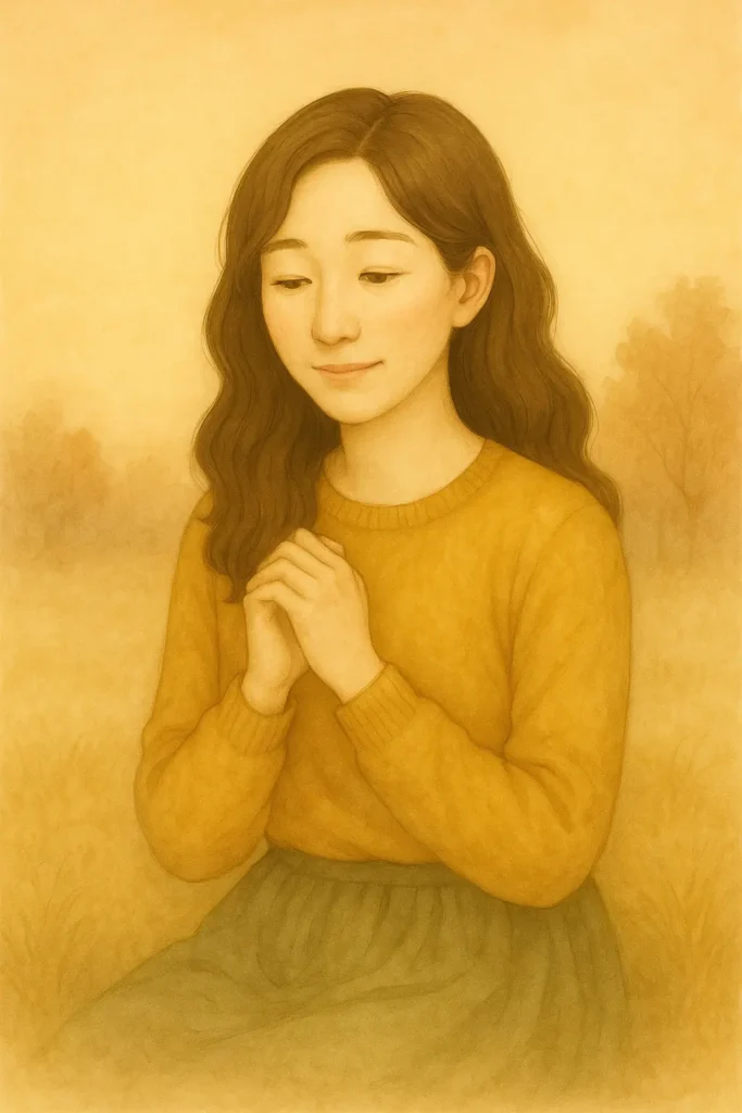 A young East Asian woman with long wavy hair sits peacefully with her hands gently clasped near her chest, wearing a mustard sweater and green skirt, bathed in warm light in a soft autumn landscape.
