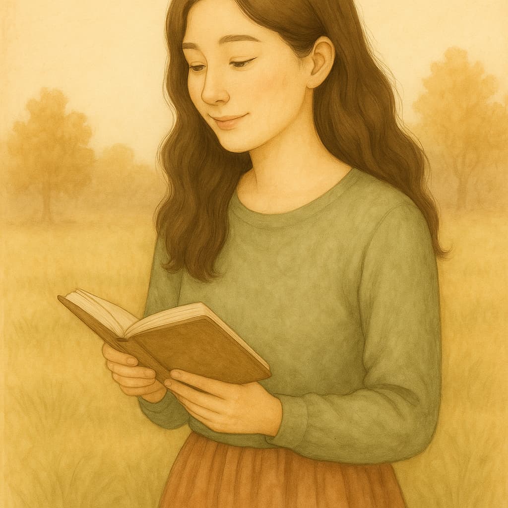 A young East Asian woman with gentle features and chestnut hair reads a book quietly in a golden meadow, wearing a sage sweater and rust-colored skirt, bathed in soft autumn light.