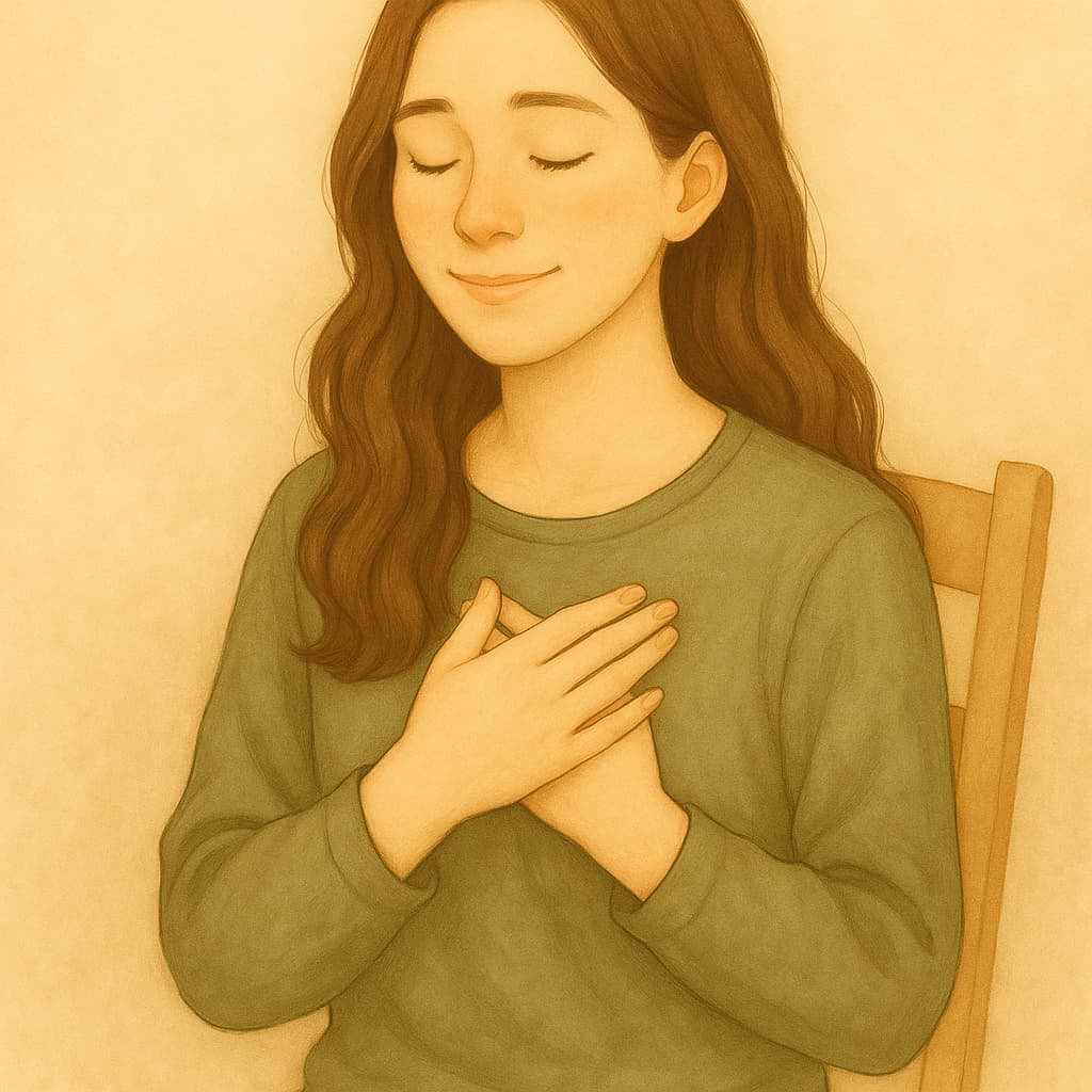 A young East Asian woman with soft features and long wavy hair sits peacefully in a warmly lit room, symbolizing quiet self-acceptance and emotional presence.