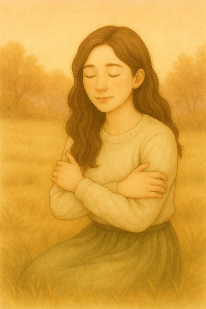A young East Asian woman with long brown hair sits peacefully with her arms gently wrapped around herself, wearing a cream knit sweater and olive green skirt. The warm, sepia-toned background features soft grasses and golden trees at dusk.