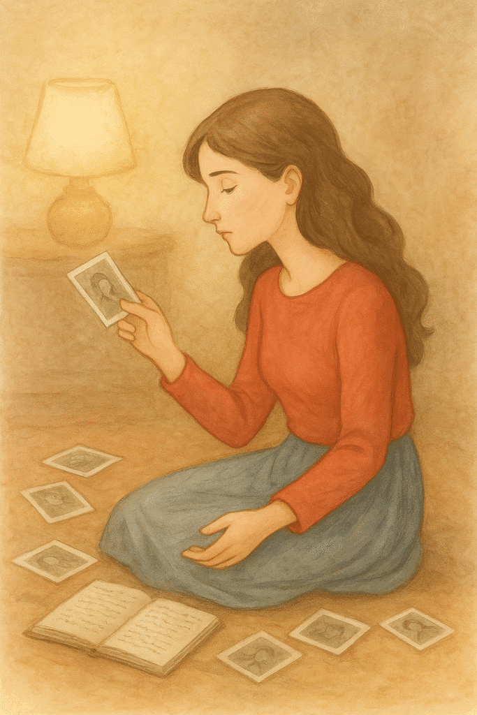 Watercolor image of a young woman sitting on a floor in soft indoor light, surrounded by journals and old photos