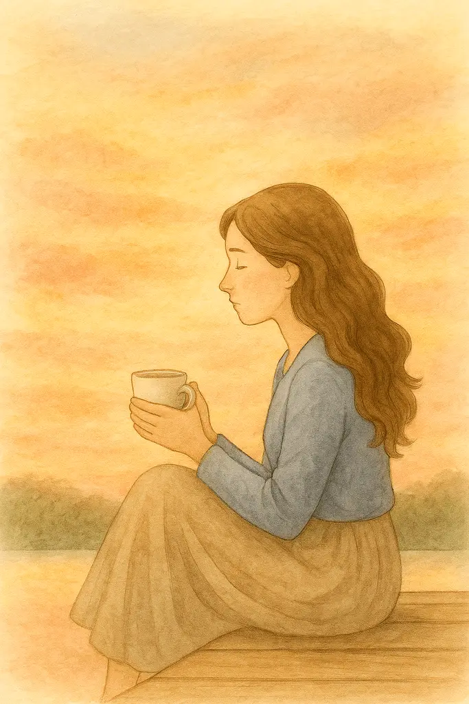 Watercolor painting of a young woman sitting on a wooden porch during sunset, holding a warm cup and looking thoughtful