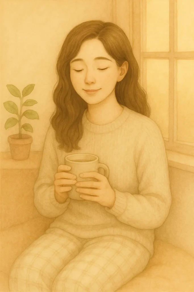 A young East Asian woman with soft brown hair sits by a window in early sunlight, gently holding a beige mug with both hands and eyes closed in peaceful reflection.